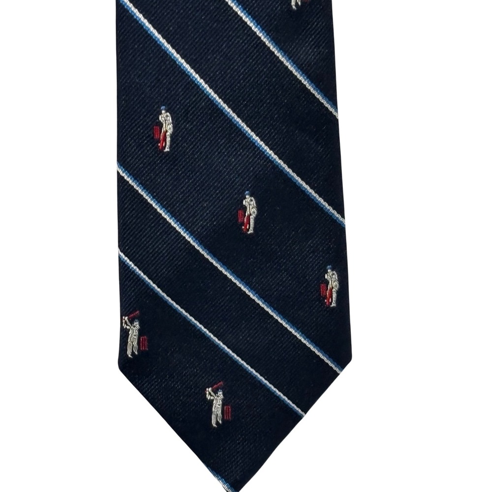 Kent & Curwen Navy Blue Silk Cricket Golf Motif Striped Necktie Surrey England